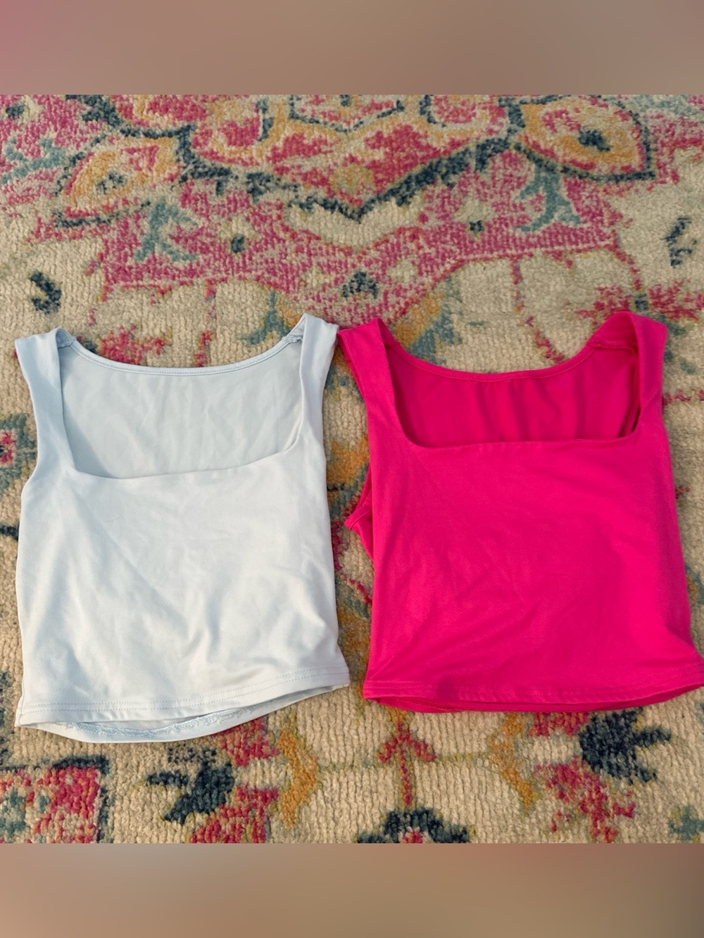 SHEIN Square Neck Ribbed Crop Tank - Bright Pink & Light Blue